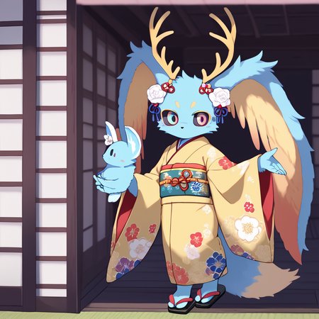 <lora:Elfilis:0.8> Fecto Elfilis, blue fur, multicolored eyes, head wings, antlers, yellow fur, colored sclera, fluffy tail  <lora:0712 kimono_v1_pony:0.8> ruanyi0712,floral print,yellow kimono,obijime,sandals,tabi,wide sleeves