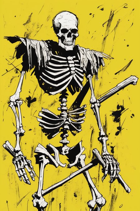 Jim Mahfood Style - a very messy scratch pen and ink sketch of a skeleton warrior on a yellow background
