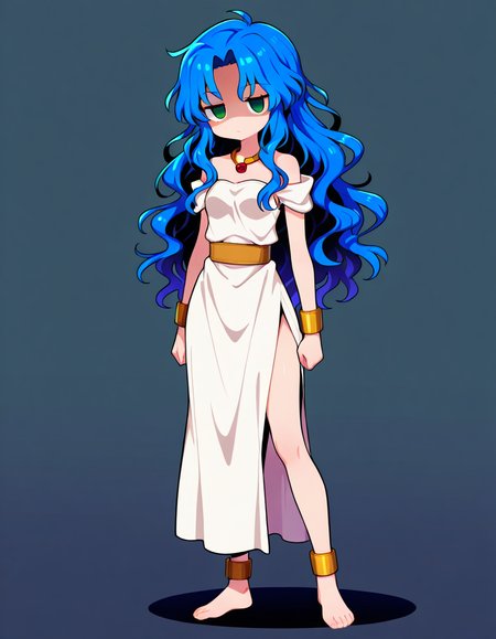 <lora:Prulue_SDXL_Illustrious01_fp16_ver01:1>,Prulue,white dress, 1girl, solo, blue hair, long hair, green eyes, barefoot,necklace,anklet,bracelet, wavy hair,jitome,shaded face, <lora:HairintakesEraser_v01_illustrious_10steps:1.5>, masterpiece, best quality, very aesthetic, absurdres,<lora:detailed_hands:1>,hand