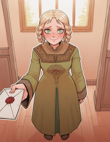 1girl, full body   <lora:britodraws:1> br1t0dr4ws,
BREAK
1girl, <lora:Ryapred:1> zorayas, rya dress
hair rings, braid loops, twin braids, 
 long sleeves,  , slit pupils
green dress, blonde hair, green eyes
BREAK
indoors,  pov, handing envolople, holding holding envelope, smile, 
BREAK
(masterpiece, best quality:1.2), absurdres, highres,