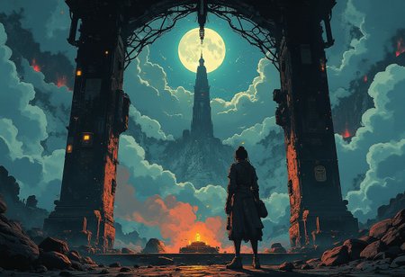 The moon priestess lights incense under the temple arch, landscape, dramatic scenery, sci-fi feel, clouds, , clean lines, intricate detail anime, cyberpunk, mystical