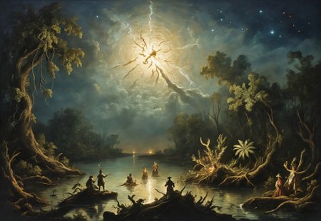 A tragic baroque oil painting showing French explorers in agony in a mangrove swamp at night, under the light of a bright star, surrounded by an indigenous dragon.