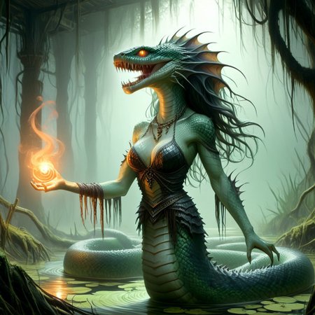 naga, hkstyle, female, casting a spell in a haunted swamp