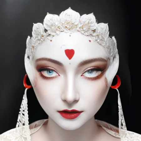 bestquality,masterpiece,highres,chinadress,hairornament,necklace,jewelry,Beautifulface,full_body,tyndalleffect,photorealistic,darkstudio,rimlighting,twotonelighting,(highdetailedskin:1.2),8kuhd,dslr,softlighting,highquality,mju, a white mask with a red eye and a white face<lora:mju-10:1>