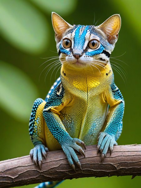 hybrid of a lizard and cat,it has (human eyes:1.9) and  (human hands:1.4) while having lizard scales on skin,sitting on a branch,