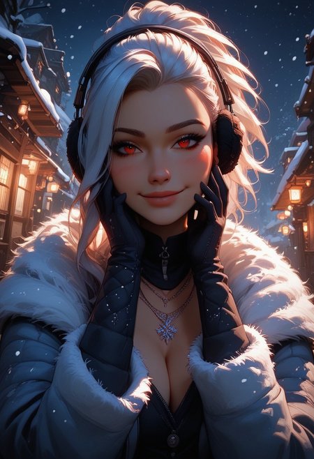 score_9, score_8_up, score_7_up, score_6_up, 1girl, breasts, slight cleavage, necklace, sexy face, ponytail hairstyle, winter coat, earmuffs, gloves, winter boots, white hair, long hair, red eyes, shy smile, blushing, beautiful lights, flirtatious, looking at viewer, seductive, Outside, snowing, snowflakes falling, 
View from the front, face focus, closeup, close up,