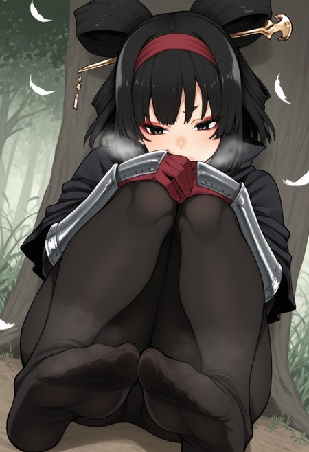 kazuo,  outdoors, undershirt, falling feathers, black bodysuit, hair stick, hugging knees, knees to chest, gauntlets, eyeshadow, red gloves, two sides up, black capelet, red hairband, black eyes, 1girl, solo, feet, visible breath, dynamic angle, foreshortening, smell, steam,