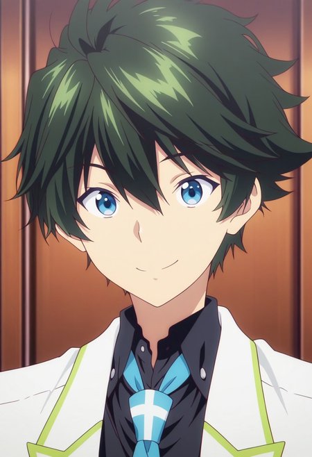 masterpiece,best quality,amazing quality, source_anime, 
HaruhikoIchijo, 1boy, male focus, solo, blue eyes, green hair, school uniform, shirt, black shirt, collared shirt, necktie, blue necktie, jacket, blazer, white jacket, open jacket, smile, portrait,