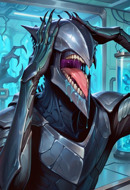 masterpiece, best quality, amazing quality, 1boy, male focus, JinGitaxiasMTG, phyrexian, armored skin:1.2, eyeless, solo, monster, open mouth, drool, teeth, claws, laboratory, upper body,  AhEtoBlehMeme, closed eyes, tongue out, :p, hands on own head, close-up