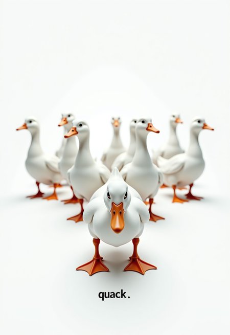 aidmaimageupgrader, a high quality digital image of an entirely white area, the whole image is bright vivid white apart from a group of menacing evil white ducks who are stood in a loose triangle formation, the ducks are facing in various directions but are all looking directly at the viewer and the front duck is facing directly at the viewer, the text "quack." is written in speech marks in small bold black text at the bottom of the image