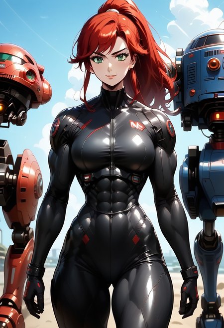 score_9, score_8_up, score_7_up, beautiful color, 
aesthetic, 2d, anime coloring, anime screencap, source_anime,
muscular female, curvy, large breasts, large pectorals, wipe hips, thick thighs, muscular thighs, abs, huge ass,
red hair, long hair, high ponytail, swept bangs, green eyes, seductive smile, (black bodysuit:1.5), (mech pilot bodysuit:1.6), (seamless bodysuit:1.2),