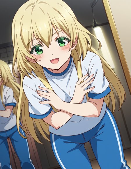 score_9, score_8_up, score_7_up, source_anime, <lora:yuki-nozaki-s1-ponyxl-lora-nochekaiser:1>, yuki nozaki, long hair, blonde hair, hair between eyes, green eyes, sidelocks,, shirt, pants, t-shirt, sportswear, track pants,, dressing room, mirror, lights, costumes, makeup, smile, <lora:x-arms-ponyxl-lora-nochekaiser:1>, x arms, blush, open mouth, leaning forward,, looking at viewer, solo,, dutch angle, cowboy shot