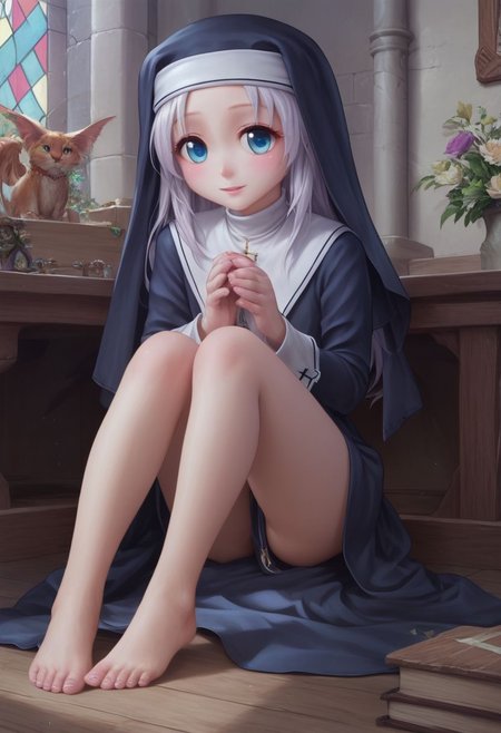 score_9, score_8_up, score_7_up, maria, nun,1girl, long hair, detailed blue eyes, cute, adorable, innocent, full body shot, detailed, pure, soft, sitting