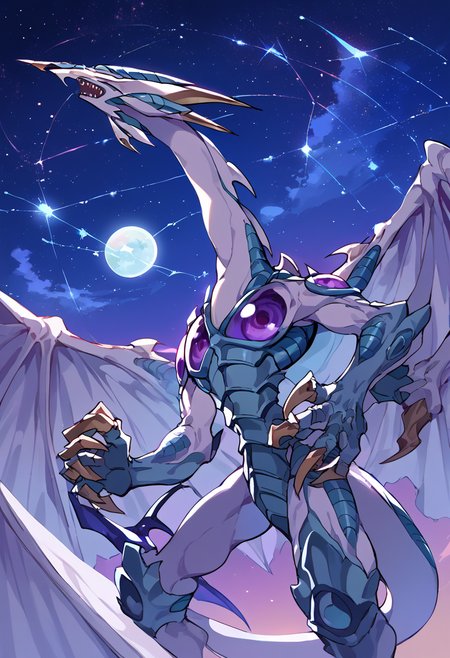 score_9,score_8_up,score_7_up,source_anime,zPDXL3,space,night,night sky,star (sky),sky,starry sky,galaxy, constellation,
*//*,<lora:StardustDragon_Pony:1>,stardustdragon_ygo,no humans,solo,duel monster,dragon,wings,tail,claws,horns,
*//*,looking at viewer,cowboy shot,dutch angle,
