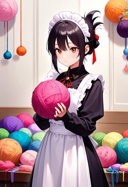 masterpiece, very aesthetic, absurdres, newest,  Yarnworld, 1girl, cowboy shot, maid, black dress, long dress, white apron, maid headdress, black hair, folded ponytail, holding up a large ball of yarn , lots of ball of yarn, ball of yarn background, <lora:Challenge_Winnifier:1> <lora:Yarnworld-000017:1>