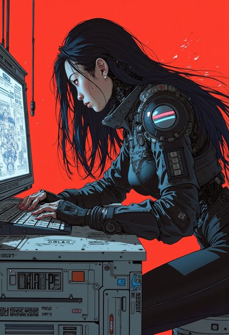 a stunning japanese female military sci-fi officer, long flowing hair, leaning over a desk to examine a computer screen display in a sci-fi bunker, splashes in red and black colour, high quality, highly detailed