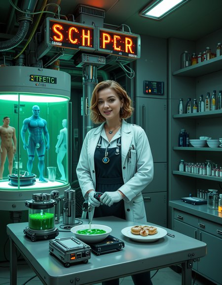 "A hyperrealistic scene of Gordon Freeman in his HEV suit eating lasagna at a retro 90s kitchen table, surrounded by domesticated headcrabs acting like pets, a Vortigaunt washing dishes in an apron, cinematic lighting, absurdity meets realism, surreal textures, intricate kitchen details, nostalgic yet eerie ambiance." looking at viewer,A (woman scientist:1.3),short brown hair, standing confidently in front of a futuristic laboratory,futuristic l4b0r4t0ry, filled with advanced technology and glowing screens. She is wearing a sleek, high-tech lab coat with metallic accents Her posture is upright,gesturing towards a large containment chamber with the other. Inside the chamber, faint outlines of humanoid figures are visible, suggesting the development of super soldiers. The laboratory is illuminated by soft neon lights in shades of blue and green, with detailed machinery, robotic arms, and vials of glowing substances scattered across workstations. The atmosphere is futuristic, clean, and high-tech, with a sense of intense innovation and ambition.<lora:SDXLFaeTastic2400:0.4> <lora:extremely_detailed:0.4> extremely detailed <lora:futuristic_l4b0r4t0ry:1>, Masterpiece,best quality,hi res,8k,hi res,8k,award winning,(sharp focus, intricate, highly detailed),