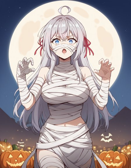 score_9, score_8_up, score_7_up, source_anime, alisamikhailovnakujou, <lora:alisa-mikhailovna-kujou-s1-ponyxl-lora-nochekaiser:1>, alisa mikhailovna kujou, long hair, bangs, blue eyes, hair ribbon, ahoge, grey hair, red ribbon, large breasts,, <lora:mummy-costume-ponyxl-lora-nochekaiser:1>, mummy costume, bandages, halloween costume, bandaged arm, zombie pose, bandage on face,, desert, moon, night, open mouth,, cowboy shot