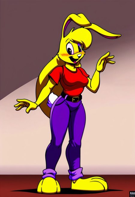 score_9, score_8_up, score_7_up, score_6_up, score_5_up, score_4_up, retro artstyle, BREAK 
LoriJackRabbitPXL, rabbit girl,long yellow hair,yellow skin,1girl, solo,rabbit tail,yellow skin, animal ears, pants, black eyes, colored skin,rabbit ears,long yellow hair, belt, smile, shirt, black belt, open mouth, looking at viewer,rabbit girl,rabbit tail, full body, breasts, standing, furry female, blush, red shirt,purple pants, :d, indoors,barefoot,furry, midriff peek
<lora:lorijackrabbit-v1:0.9>