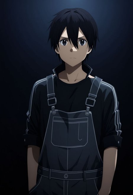 high resolution, professional photography, best quality, 1Boy, Kirigaya Kazuto, Black Hair, Black Eyes, overalldetail, cool, Mysterious black background, Movie lighting, a sense of atmosphere