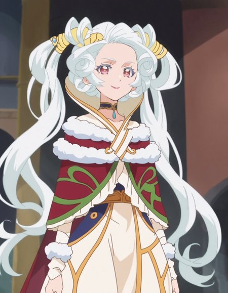 score_9, score_8_up, score_7_up, anime screencap, solo,1girl,sharon,white hair,dress, cape, looking at viewer, twintails, choker, fur trim,hair rings, jewelry,smile,medium breasts,cowboy shot, <lora:sharon_pony:0.8>