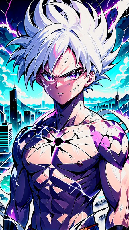 black humanoid made of rock, upper body, (Schizowave), bare chested, male,  ((masterpiece, best quality)), ultra detail, glass skin, white electricity coming through cracks, muscular male, (dragonborn:0.6), 8k Glitch art of a Nautical Woman, at Cityscape, split diopter, Weird core style, weird core Aesthetic, (art by Chris Friel:1.0), white hair, outdoors, detailed background, (Anime Rage), (Cracked Skin:1.4), anime style, realistic, dragon ball super style, ultra instinct hair, <lora:Schizowave:1.2>