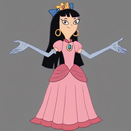 1girl, solo, Stacy, black hair, long hair, blunt bangs, purple hair bow, purple wrist bracelet, princess make up, p34ch3s-dress, cosplay, crown, blue earrings, jewelry, pink dress, elbow gloves, white gloves, Very long large floor length wide straight tulle long sleeved ball gown hoop skirt, ball gown hoop skirt, princess dress, hoopdress, white pearl necklace, long elbow length princess gloves, my big princess gypsy wedding dress, ballgown, a girl in a dress posing like a princess for a picture, looking at viewer, pretty eyes, she is posing, hands on hips
