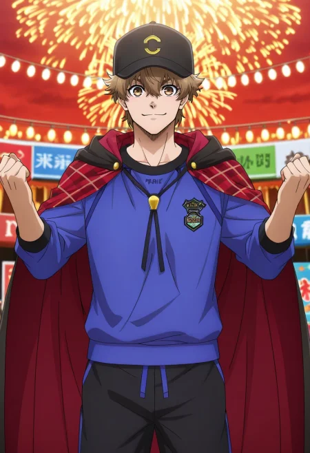 masterpiece, best quality, intricate details, anime screencap, anime coloring, official style, , 1boy, solo, male focus, <lora:asahi_naruhaya_ilxl:0.9>, asahi_naruhaya, brown hair, brown eyes, short hair, hair between eyes, bangs, sportswear, theme park, colorful rides, glowing attractions, lively crowds, enjoying pose, joyful expression, festival lights, Barkcloth Polka dot Turquoise Athletic sweatpants, Flannel shirt, , Baseball cap, Cape andBolo tie