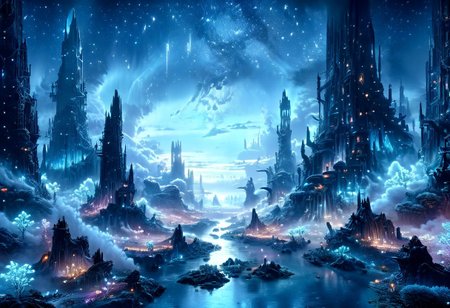 serene night, beautiful sky, apocalyptic, silhouette, Complex landscape, best quality, pastel colors, light blue tint, aesthetic Ethereal, Effulgent, Idyllic atmosphere, Tranquil, ethereal quality, cinematic volume, Twinkling lighting, glowing aura, global illumination, glowneon, Anisotropic Filtering, Unrivaled Opus, Unconventional, hyper detailed, HDR,