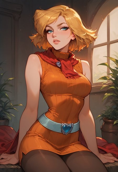 (score_9, score_8_up, score_7_up), 1girl, solo, clover \(totally spies\), blonde hair, short hair, blue eyes,tight clothing, hips, thighs, bangs, red scarf, orange sweater, sleeveless turtleneck, green miniskirt, belt, pantyhose