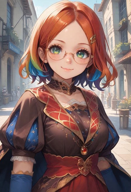 score_9, score_8_up, score_7_up, score_6_up, source_anime, best quality, masterpiece, ultradetailed, ultrahires, 1girl, solo, leodv, short intricate hair,  parted bangs, perfect eyes, glasses, brown dress, short puffy sleeves, red skirt, blue gloves, elbow gloves, blue thighhighs, big breasts, looking at you, cape, smile, blue sky, victorian architecture, town, smile, upper body, Mycelia, rainbow colored hair, candy hairclip, round glasses, green eyes, freckles, petite, striking visuals, vivid color, wadufuk1