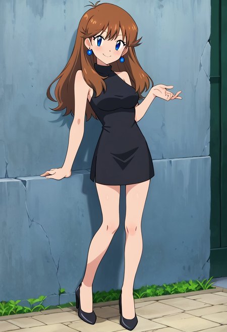 score_9, score_8_up, masterpiece, best quality, uncensored, correct anatomy, detailed background, anime_source, 1girl, solo, alone, perfect eyes, perfect arms, perfect legs, perfect face, outdoors, medium breasts,  bare shoulders,
gurin, blue eyes, brown hair, long hair, bangs, sidelocks, black dress, short dress, black heels, heels, (blue earrings, round earrings),
standing, blush, smile, arms at side