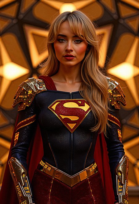 A photorealistic image of supergirl sabcarp based on fictional characters from DC Comics  enveloped in a digital nexus, her costume infused with binary code that flickers with energy the backdrop of intersecting geometric shapes that seem to pulse with a golden glow, representing her power over both the digital and physical realms.

geometric armor plating to her shoulders and chest, with sharp, angular designs that mirror the background aesthetics.Integrate glowing binary code patterns into Supergirl's suit, running along the seams and edges, highlighting her connection to the digital realm.

She stands with one hand raised, palm facing outwards as if signaling to calm down, her expression firm but gentle.
