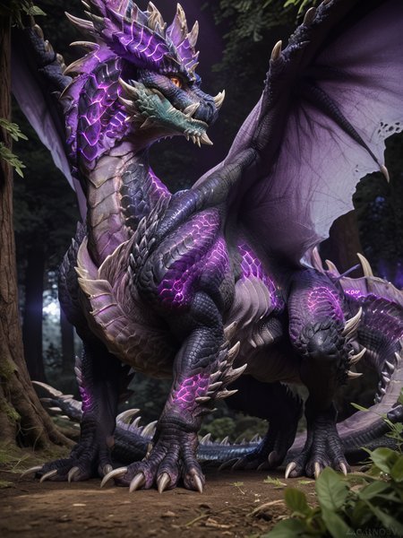 <lora:MH_Alatreon_a1_16_PonyXL:.8>, score_9,score_8_up,score_7_up, nature photography, (Close up, extreme closeup, extreme portrait:1.2),  low angle, front, 
alatreon,feral,(glowing purple:1.4),by smewed,(by claweddrip:0.5),solo,hi res,detailed background,forest, looking at viewer,extreme detail
,detailed eyes,tail,red sclera,yellow eyes,wings,hands on ground,
(dark background:0.8), (dark_lighting:1.8),  hardlight , bloom, translucent, subsurface scattering, sharp hyper detailed, (shiny glass skin:1.2), (ultra-detailed scales:1.1), glowing, <lora:RM_Enhancer_v1.0_bf16:.1> <lora:p:.2> <lora:Add_More_details_SD3:.5>