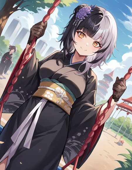 score_9, score_8_up, score_7_up, source_anime, <lora:shiori-novella-ponyxl-lora-nochekaiser:1>, shiori novella, black hair, blunt bangs, large breasts, long hair, multicolored hair, sidelocks, split-color hair, two-tone hair, straight hair, streaked hair, yellow eyes, grey hair,, black kimono, black shawl, hair bun, hair flower, hair ornament, japanese clothes, kimono, lace, lace-trimmed gloves, lace gloves, lace trim, shawl, wide sleeves,, public park, playground, swing set, laughter, sunny day, , , smile, solo,, cowboy shot, dutch angle