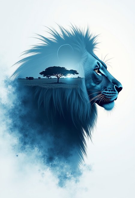 double exposure, shadowy silhouette (lion), animal head. merged with a savanna. In the style of a watercolor painting, ashy splatter backdrop. blue background, captivating, beautiful, vibrant, masterpiece, 8k, Ultra HD, amazing details, amazing quality, amazing artist, sharp edges, detailed textures, full view, atmospheric lighting, amazing visuals