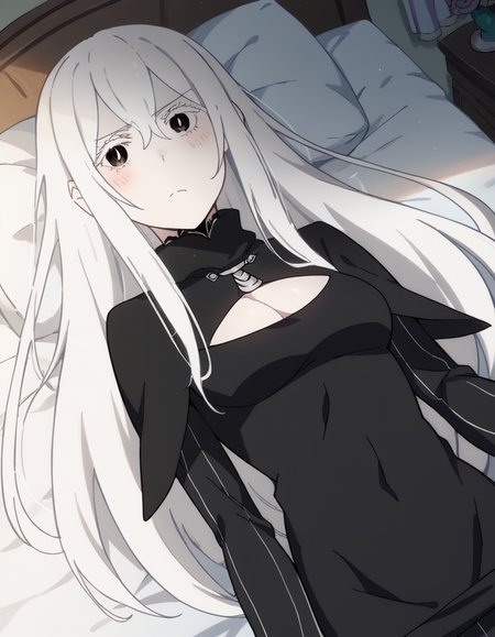 score_9, score_8_up, score_7_up, source_anime, <lora:rezero-echidna-s2-ponyxl-lora-nochekaiser:1>, echidna, colored eyelashes, white hair, hair between eyes, long hair, straight hair, black eyes, medium breasts,, <lora:open-chest-sweater-ponyxl-lora-nochekaiser:1>, open-chest sweater, ribbed sweater, cleavage cutout, meme attire, clothing cutout, turtleneck, sweater dress, cleavage, clothes tug, sweater pull, cleavage reach,, indoors, bed, bed room, blush, on bed, on back, , cowboy shot, dutch angle