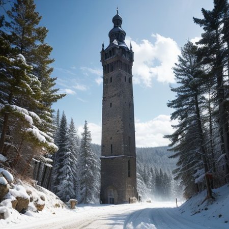 realistic analog photo, award winning photo, vary wide shot of stone witow tower:1.3, no humans, scenery, blue sky, Style-Winter, forest, dirt road, grassland, nature, outdoors, RAW, highres, 8k, uhd, High Dynamic Range, tonemapping, crisp details,