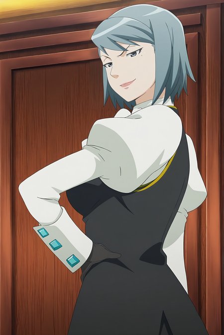 anime screencap,anime coloring,detailed face,masterpiece,best quality,very aesthetic,absurdres,amazing quality,ultra detailed,highres,amazing quality,scenery,beautiful detailed hair,beautiful detailed eyes,official anime artwork,<lora:Franziska von Karma-IL V1:1>,Franziska von Karma,1girl,solo,blue hair,vest,puffy sleeves,mole under eye,short hair,juliet sleeves,long sleeves,jewelry,gloves,white shirt,grey eyes,smug,naughty_face,upper body,