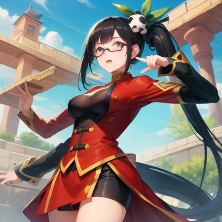 (masterpiece, best quality, high resolution),cowboy shot, 1girl, litchims,  glasses, chinese clothes, clothing cutout, ponytail, dress, panda, hair ornament , <lora:litchi-000003:1>
