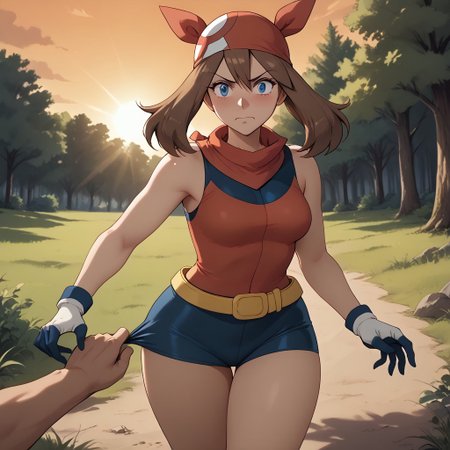 score_9, score_8, BREAK, solo, 1girl, may (pokemon), blue eyes, brown hair, bandana, long hair, red bandana, twintails, hair between eyes, blue shorts, micro skirt white, gloves, yellow belt, medium breasts, curves, sexy pose, self portrait, surprised, embarrassed, angry, , outdoors, sunlight, shadows, evening lighting, natural lighting, forest, trees, grass, orange sky, sunset, pantsing, assisted exposure, 1guy, pants pull, pulling girls pants down