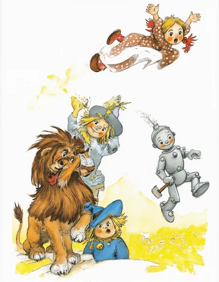 <lora:lv:1>, This is a whimsical, hand-drawn illustration in a cartoon style, likely inspired by the classic children's book "The Wizard of Oz." The scene features four characters: a lion, a scarecrow, a tin man, and a young girl. The background is a pale yellow with a few faint mountain silhouettes, suggesting an open, expansive setting., 
In the foreground, the lion stands on the left, with a large, expressive face and a mane of brown fur. It has a white snout and paws and is wearing a blue tunic with a yellow trim. To the right of the lion stands the scarecrow, dressed in a blue hat with a yellow band, a blue coat, and yellow pants. The scarecrow has a cheerful, wide-eyed expression and a yellow face with a small black nose., 
Next to the scarecrow is the tin man, who appears to be in mid-motion, with a silver body, a blue hat, and a red shirt. His arms are extended, and he is holding a small axe in one hand. To the right of the tin man, the young girl, Dorothy, is depicted in mid-air, wearing a brown dress with white polka dots, a white pinafore, and red shoes. She has