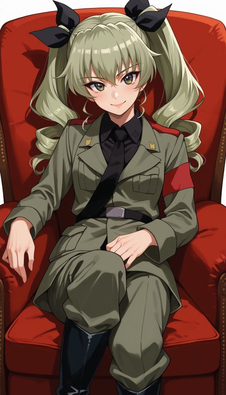score_9, score_8_up, score_7_up, source_anime,
 <lora:Anchovy:0.8>,, , anchovy (girls und panzer),green hair, long hair, twin drills, bangs, hair ribbon,anzio military uniform,wing collar,black necktie,grey jacket,long sleeves,black shirt,black belt,pants tucked in,grey pants,knee boots, lying down on armchair, red armchair, , indoor, smile