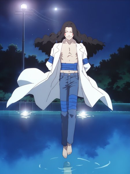 score_9, source_anime, masterpiece, best quality, white background, <lora:Masami Eiri_PDXLv0.5:0.8> 1boy, masami eiri \(sel\), standing, full body, looking at viewer, smile, floating, crossed legs,  water, night, moonlight, outdoors,