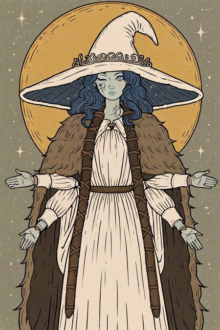 <lora:Ranni_illusXLNoobAI_Incrs_v1:0.8> RnnDef, blue eyes, one eye closed, blue hair, wavy hair, (4 arms:1.2), extra faces, ghost face, blue skin, colored skin, cracked skin, doll joints, witch hat, large hat, white headwear, white dress, long sleeves, fur cloak, brown cloak, moon, stars, 1girl, solo, alone,  <lora:tarot_illustration_style_illustriousXL-000025:1>, tarot_illustration_style, masterpiece, highres