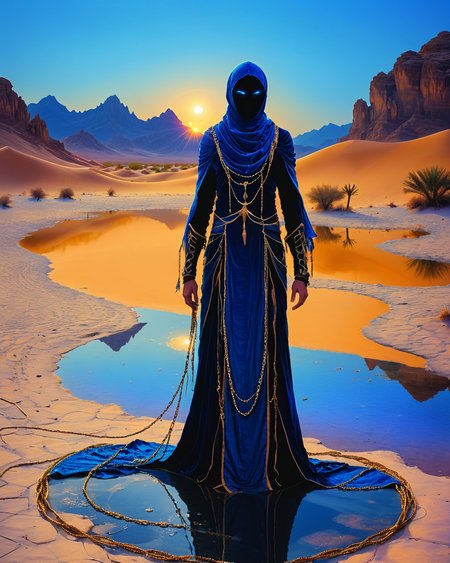 hooded human sorcerer standing at a desert oasis, velvet, chains, water, reflections, blue hour, intense colors, high contrast, camel, warriors, <lora:add-detail-xl:1.0>,  <lora:xl_more_art-full_v1:0.4>,  <lora:XSfenlie:1> fenliexl, <lora:lora:1>, realistic photo