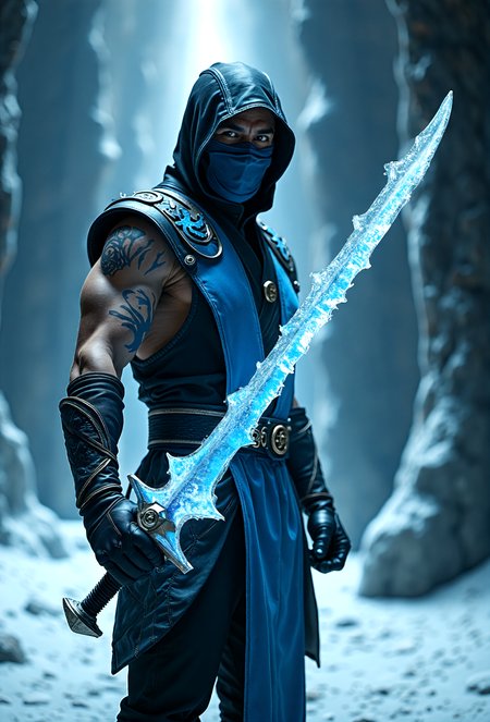 cinematic photo Sub-Zero from Mortal Kombat,holding a sword mad of ice . 35mm photograph, film, professional, 4k, highly detailed,upperbody visible,ice filled cave,  . embedding:EZRealPONYXL,