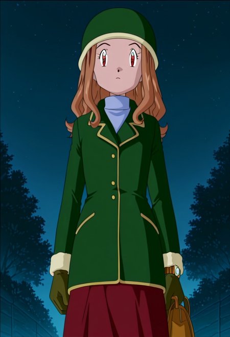 anime art style,anime screencap, digimon adventure 02, mimi tachikawa, brown hair, 1girl, solo, gloves, skirt, wristwatch, watch, jacket, long hair, bag, red eyes, helmet, green jacket, night, turtleneck, outdoors, Red skirt, long skirt, green coat, winter clothes, 3 outfit