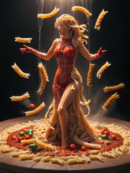 fight scene, blood made out of tomato sauce, 4k, full body, (female wizzard shooting noodles:1.3), bolt light, flying, tomatoes, (dripping tomato sauce:1.6), smoke, night, cinematic, color grading, (black background:1.5), dark light, noodlez <lora:noodlez:1>