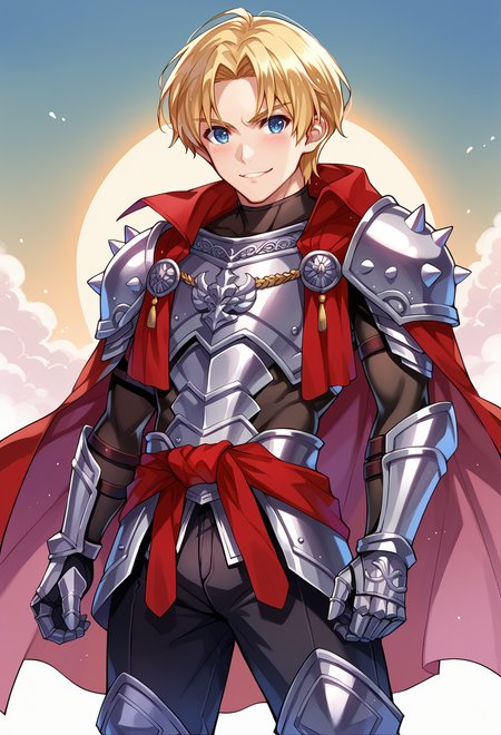 <lora:Misaki-Kurehito-Style-PonyXL:1>, score_9, score_7_up, source_anime, solo, BREAK male focus,, smile, 1boy, blue eyes, blonde hair, parted bangs, hair intakes, armor, pauldrons, cuirass, gauntlets, waist cape, greaves, black bodysuit, surcoat, shoulder sash, wing shoulder armor, red cape, pants,